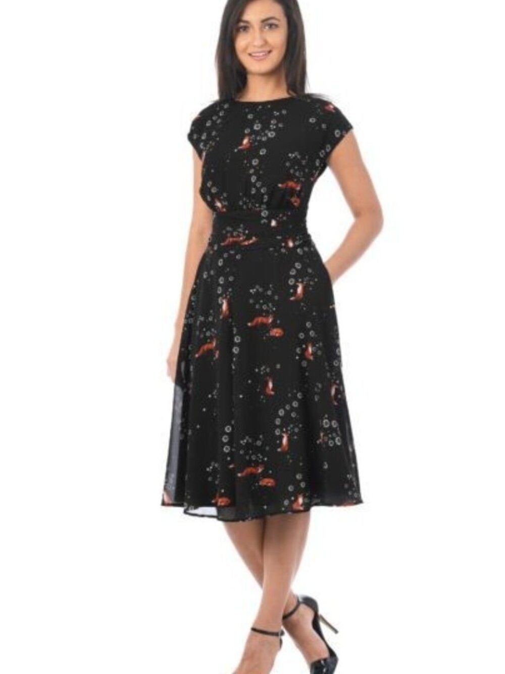 eShakti A-Line Fox Print Dress V-Back Novelty Fall Lightweight Whimsy XL-18